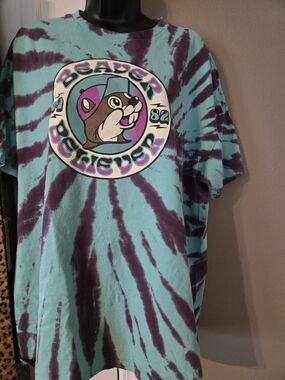 Buc-ee's Beaver is a Believer 82 Tie Dye T-Shirt XL Teal Purple Spiral